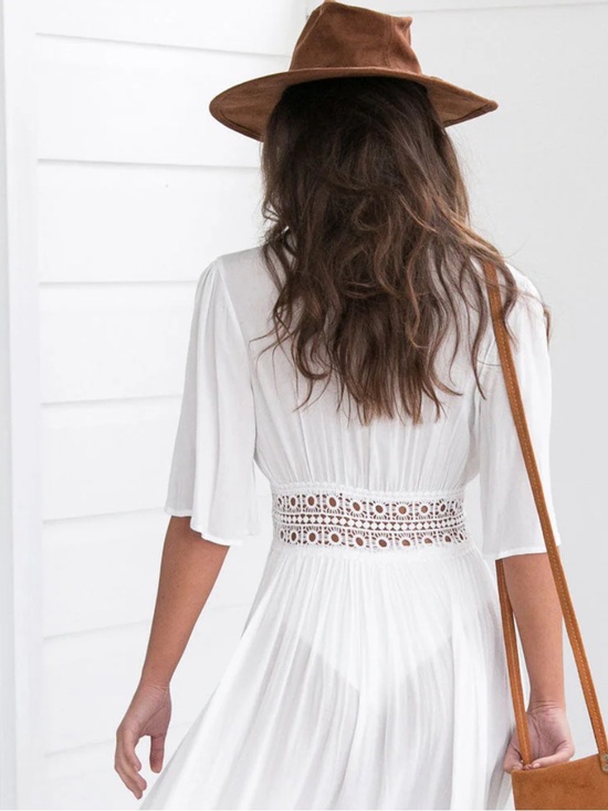 Dresses & Skirts - White Lace-Panel Boho Midi Dress beach wrap cover up